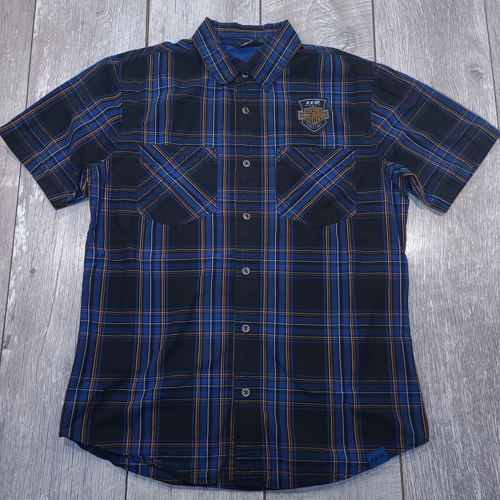 Harley-Davidson Shirt Mens M Blue Plaid 115th Anniversary Short Sleeve Button Up